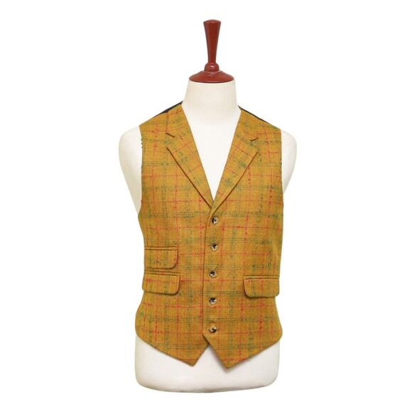 Mens Vest 44R Plaid Yellow Green Red Wool Lapel Waistcoat Formal Wedding Party - Picture 1 of 9